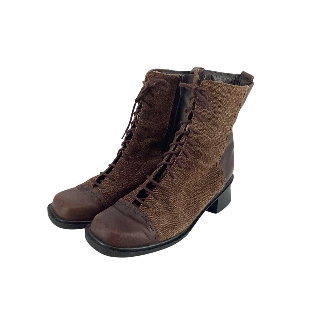 Vintage 90’s NAOT Leather Fabric Boots Womens 39 Lace-Up Square Toe Mary Poppins - Picture 3 of 6